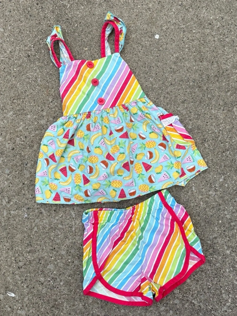 Ricrac & Ruffles colorful striped Fruit print baby girl two piece set